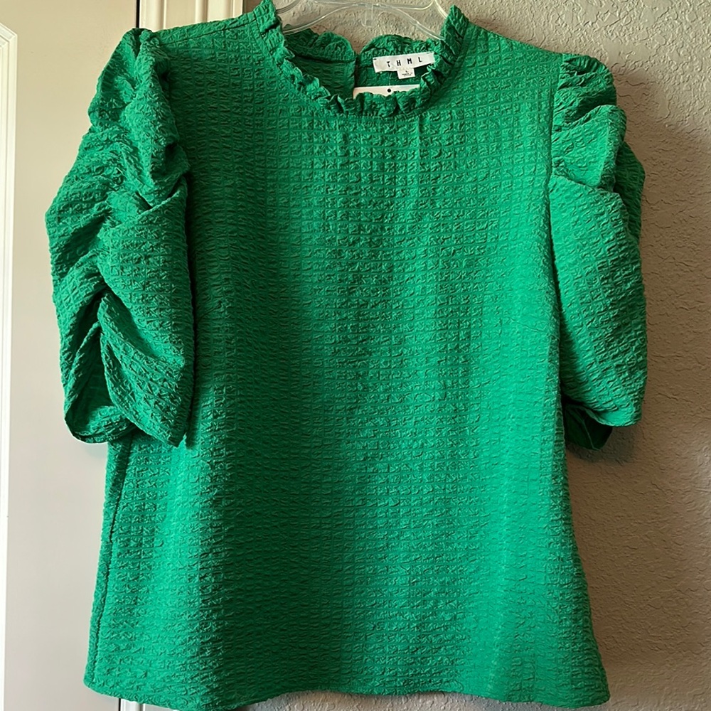 THML Green Boxy Ruffled Blouse with Mandarin Collar